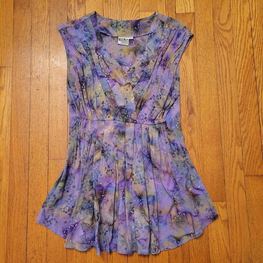 Go Fish Watercolor Purple Floral Sleeveless V‎ Neck Pleated Tunic XS Boho Fairy